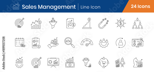 Sales Management Outline Icons Set of 24. CRM, Revenue, Targets, Pipeline, Business Strategy Linear Vector Editable Stroke