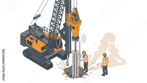 Construction workers operating heavy machinery drilling into the ground with a large crane and pile driver on a white background