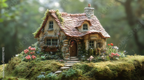 Miniature fairy tale cottage in serene forest setting