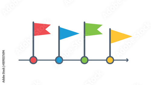 Colorful flags marking stages on a timeline with colored dots and arrow symbolizing progress and milestones in a simple vector
