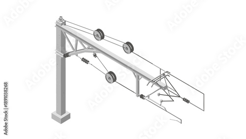 Technical drawing of a mechanical conveyor system with rollers and support structure on a white background showcasing industrial design