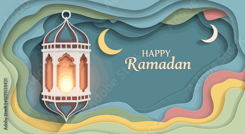Celebrating Ramadan with lantern and crescent moon in a serene environment