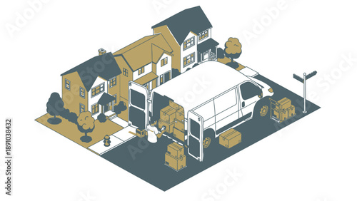 Isometric illustration of moving truck parked outside suburban home with boxes and furniture being unloaded