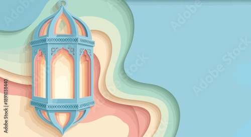 A stylized lantern illustration on a layered abstract background viewed from directly above