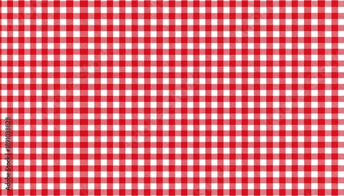 Classic red and white gingham plaid pattern with tiny checks, evoking a traditional country kitchen, picnic, or festive holiday atmosphere for charming fabric and background designs.