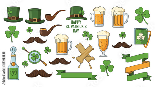 Large set of various festive Saint Patricks Day icons including hats, beer mugs, shamrocks, pipes, mustaches, and decorative ribbons.