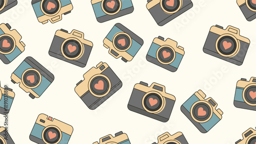 Playful seamless pattern of vintage style cameras in blue and grey with small pink hearts on the lenses against a cream background.