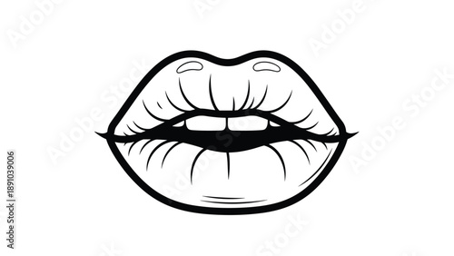 Detailed black and white line art illustration of human lips with teeth slightly visible for coloring or design projects.