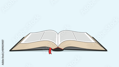 Open book with blank pages and red ribbon bookmark resting on a light blue background for education or reading concepts.