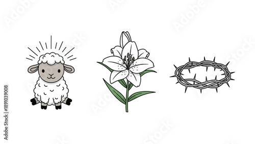 Set of christian symbols featuring a small white lamb with rays of light, a white lily flower, and a crown of thorns.
