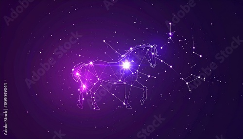 Abstract horses in a digital constellation against a purple backdrop.