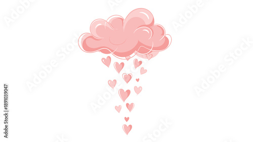 Whimsical illustration of a fluffy pink cloud raining small pink hearts against a clean white background for romantic designs.