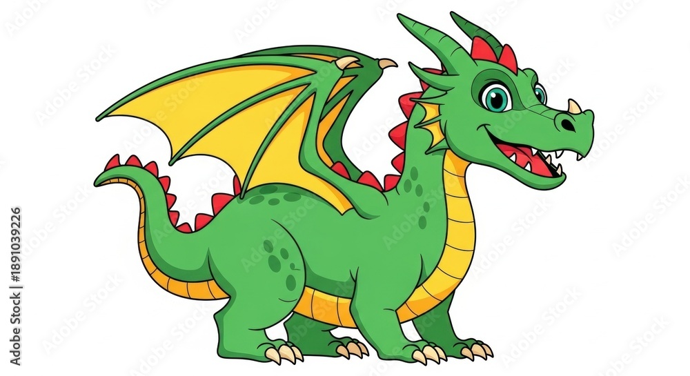 Fototapeta premium A cartoon green dragon with yellow wings and a red spiky collar standing on a white background