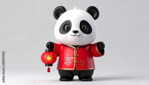 Adorable Panda Bear Celebrating Chinese New Year with Lantern.