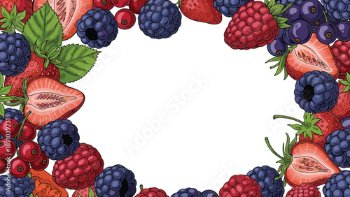 Decorative frame composed of diverse colorful berries including strawberries, blackberries, and currants with green leaves.