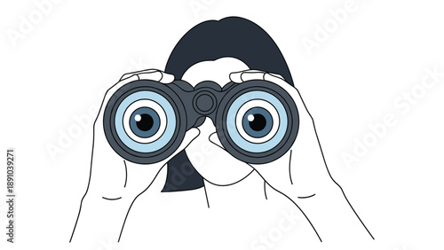 Close up illustration of a persons face and hands holding binoculars looking directly at the viewer with big blue eyes.