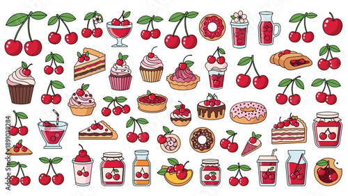 Extensive set of cherry flavored food and drinks including cupcakes, cakes, donuts, pies, jams, and fresh cherries.