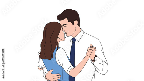 Romantic illustration of a handsome man in a white shirt and tie dancing closely with a woman in a lovely blue dress.