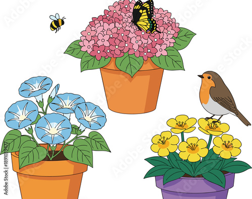 Spring flower pots vector illustration with blooming plants, butterflies, and bird, perfect for garden, nature, and seasonal decoration designs in flat style