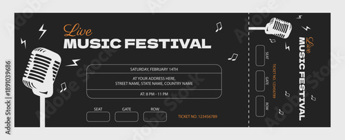 Music festival ticket template with microphone illustration