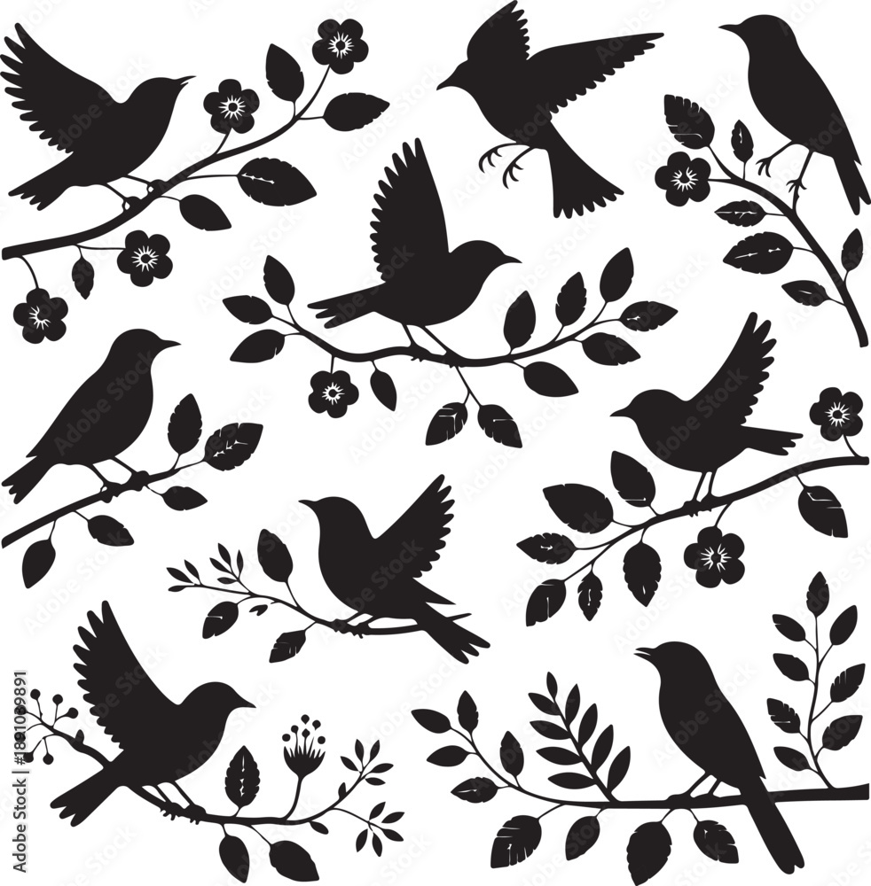 Fototapeta premium Spring set birds and twigs.