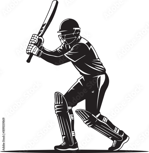 Cricket player taking a shot vector illustration, Cricket batsman hitting the ball detailed silhouette vector image