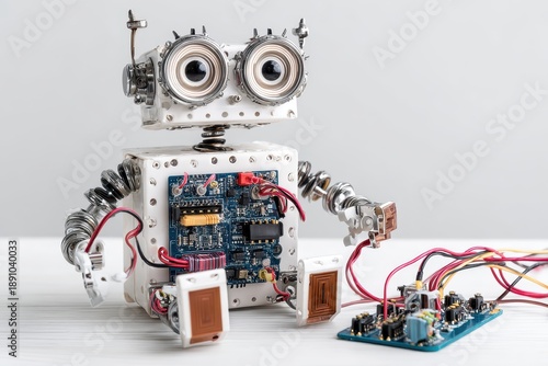Hand made robot operates on Arduino platform, showcasing intricate design and functionality during a creative workshop in an urban craft space