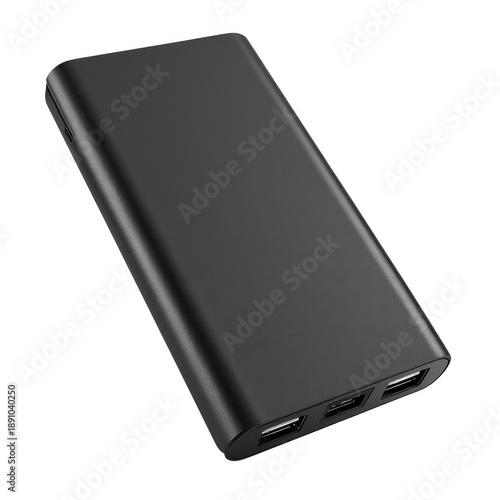 Black portable charger with dual usb ports isolated on transparent background