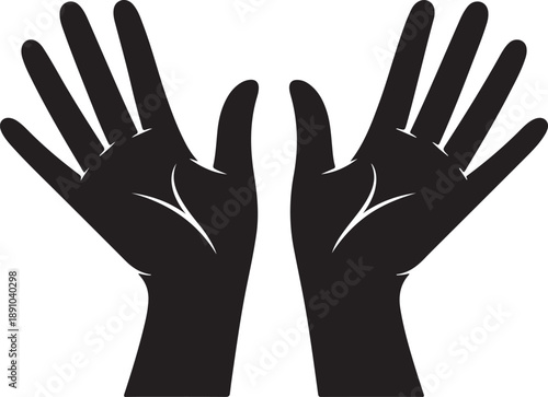 Two raised up female hands. Relaxed holding gesture. Pointing index finger. Black and white negative silhouette. Cartoon style