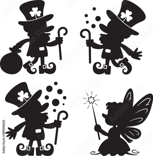 Vector set of painted silhouettes leprechauns and fairies