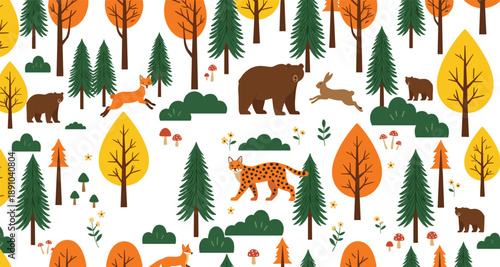 Autumn forest animal pattern vector with bear, fox, deer, leopard, trees, mushrooms, and woodland nature elements in flat illustration style