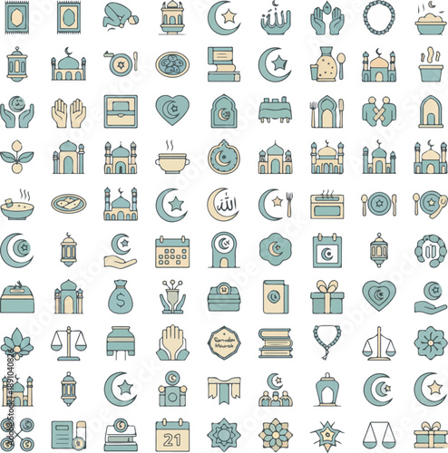 Minimal Ramadan flat mega icon pack including prayer, food, mosque, charity and lifestyle icons, consistent stroke style, clean flat vector icon design, no gradients,isolated on white background