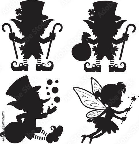 Vector set of painted silhouettes leprechauns and fairies