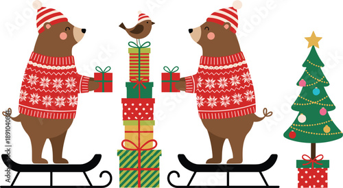 Cute Christmas bears on sleighs vector illustration with stacked gifts, decorated tree, and cozy winter holiday elements in colorful flat style