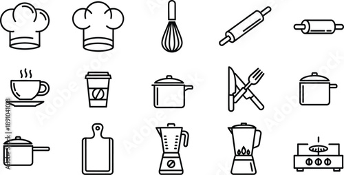 Kitchenware and Cooking Utensils Line Art Icons on a White Background