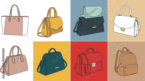 Colorful Handbags and Backpacks Fashionable Accessories on Different Backgrounds
