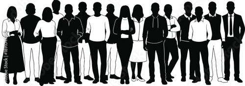 A group of business people standing together in a line as silhouettes