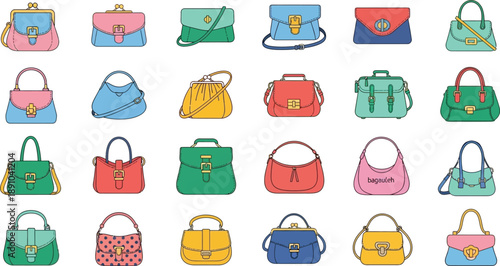Colorful Handbags Collection, Fashionable Accessories on a White Background