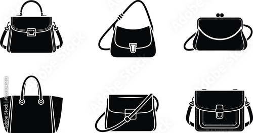 Black fashion handbags on white, various styles of women's accessories