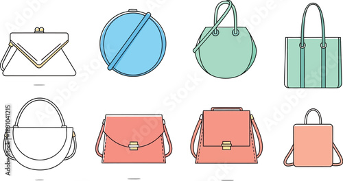 Colorful Handbags Collection, Fashionable Accessories on a White Background