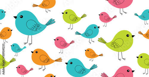 Cute colorful birds pattern vector with cheerful cartoon birds in different poses, playful arrangement, and bright tones for kids designs