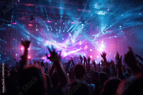Crowd enjoying energetic DJ performance at vibrant nightclub rave during music festival at night
