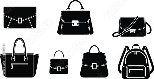Black and White Handbags and Backpacks Collection on a Plain Background