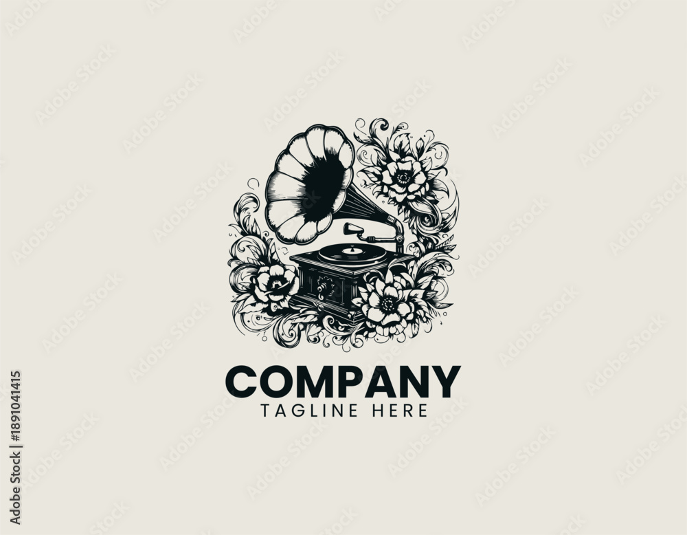 Obraz premium Black vector line art illustration of a beautiful elegant detailed gramophone with ornate floral decorations and leaves
