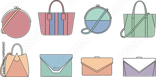 Fashionable pastel handbags and purses collection on a white background