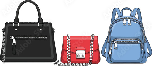 Fashionable handbags, shoulder bag, and backpack on a clean white backdrop