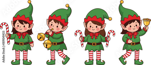 Cute Christmas elf character vector set with festive poses, candy cane, bells, and holiday costume for winter celebration illustrations in flat style