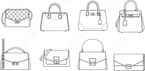 Elegant line art of various women's handbags on a white background