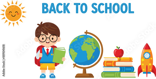 Back to school vector illustration with cute student boy, globe, books, rocket, and education symbols for learning and school concept in flat style