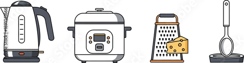 Kitchen appliances including kettle, cooker, grater and spoon on white